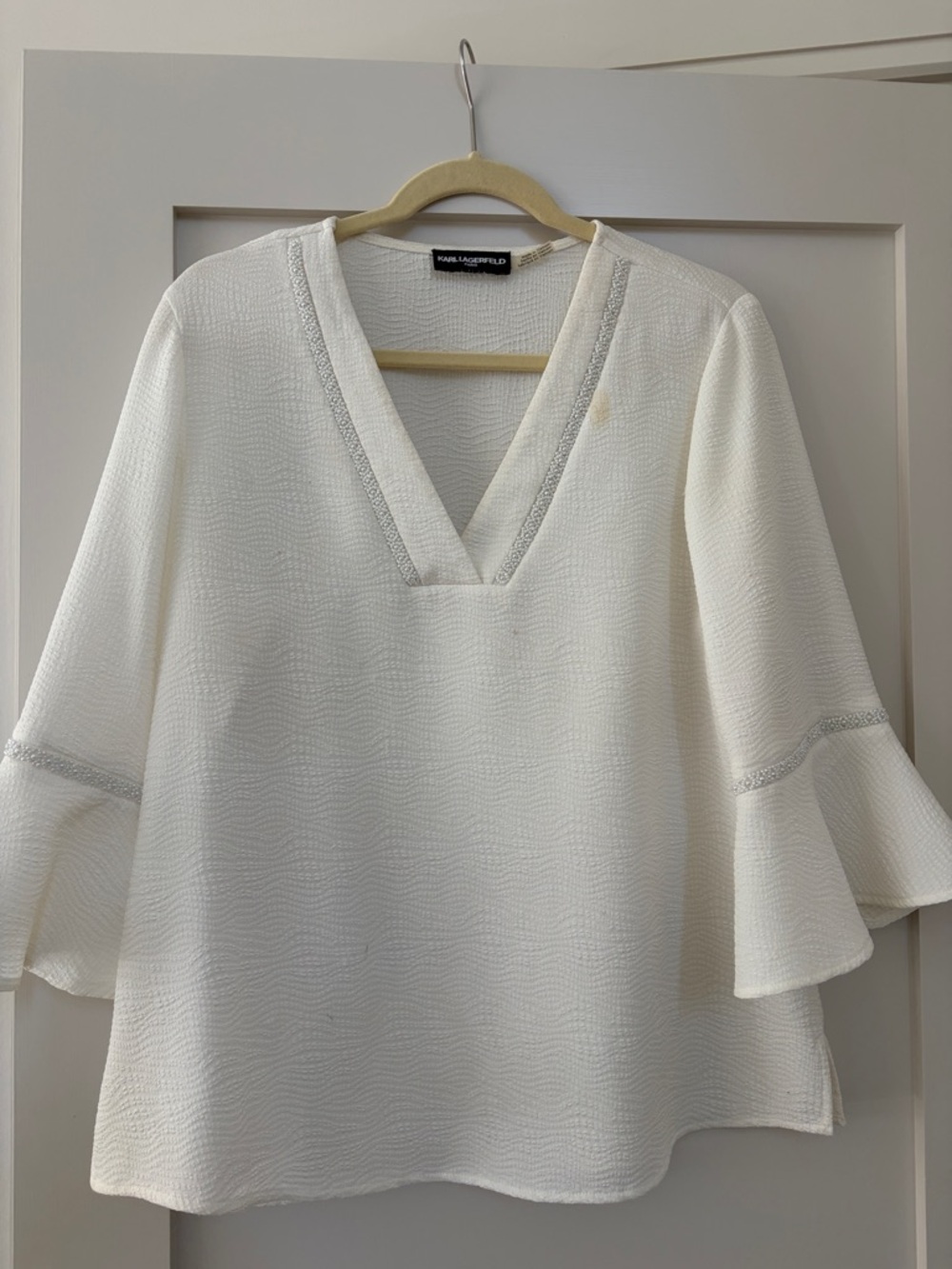 Karl Lagerfeld Cream V-Neck Textured Bell Sleeve Blouse